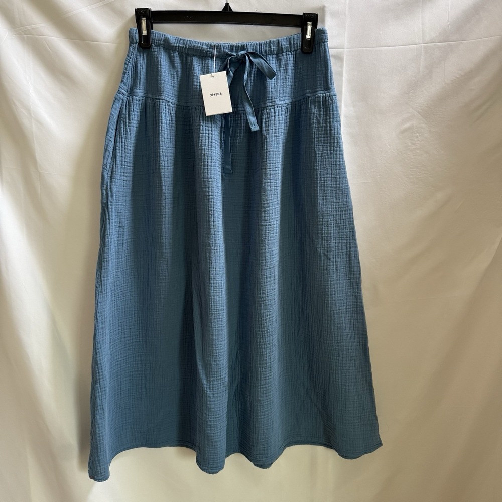 NWT Xirena Women's Skirt Blue Elastic Waist Cotton Gauze Knit Midi A-Line Size M